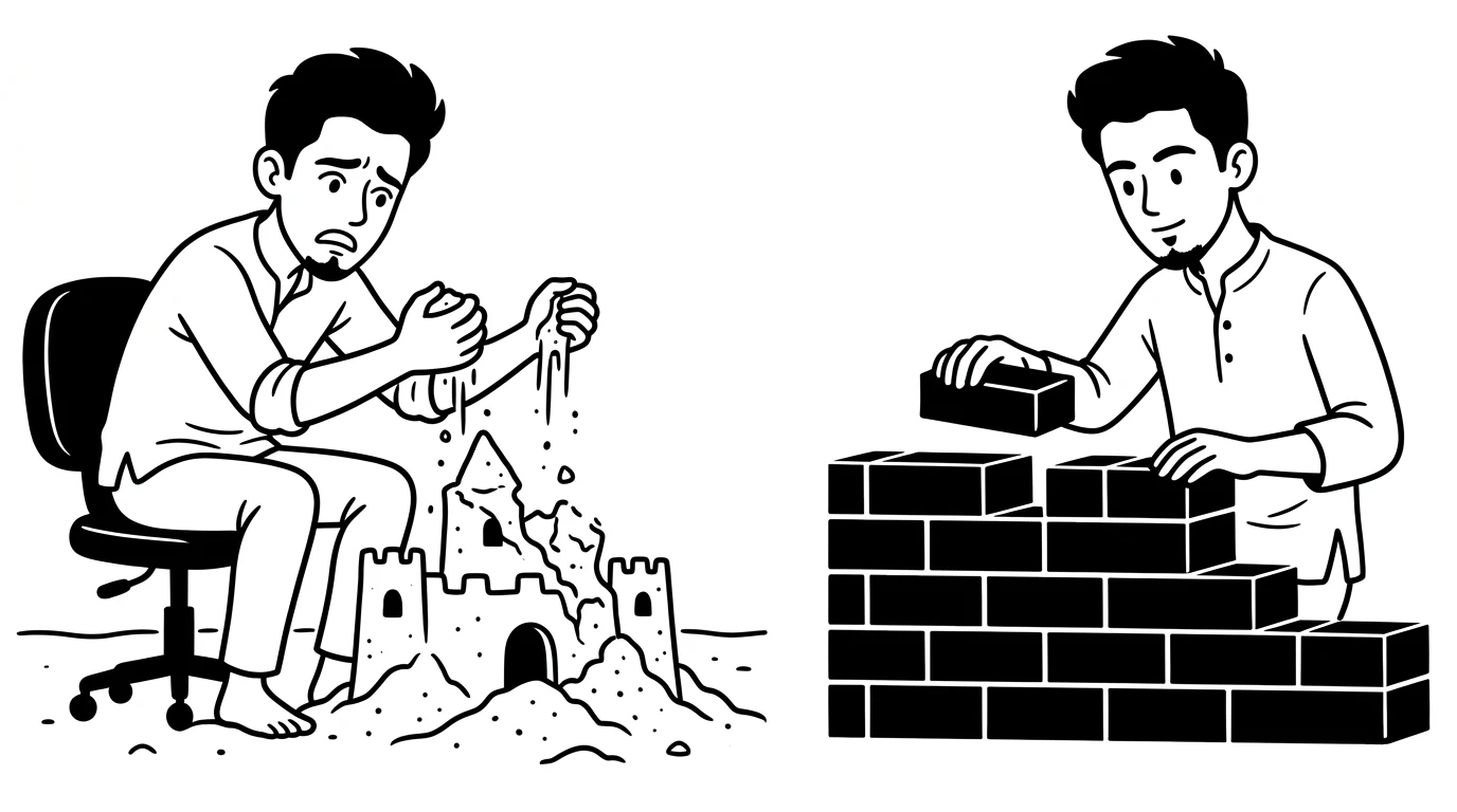 sand castle crumbling through fingers vs building with solid bricks
