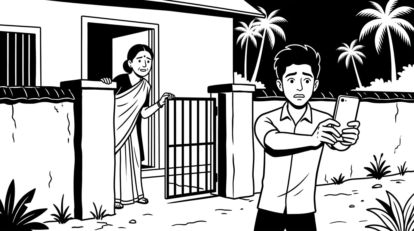 young man pacing outside a gate at night staring at his phone