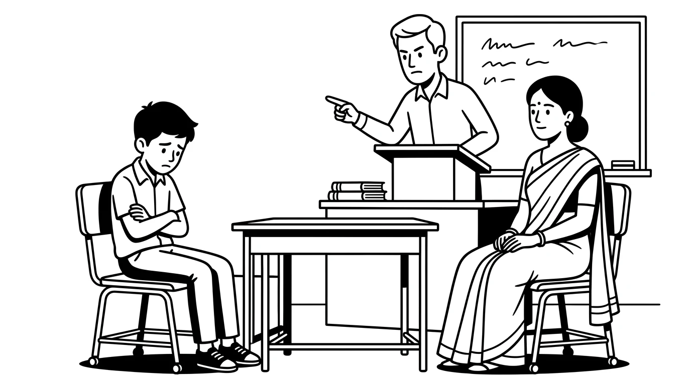 teacher pointing at a student during parents meeting while mother sits beside him