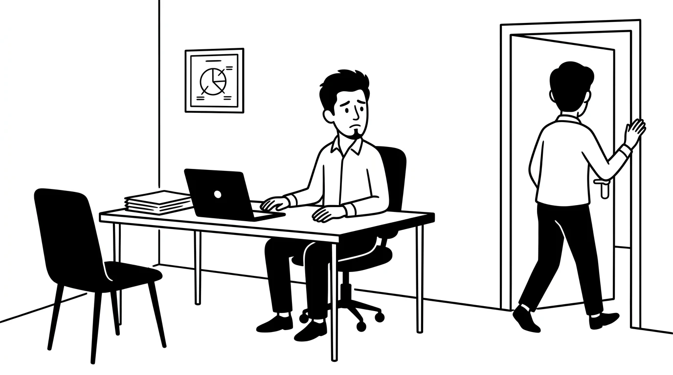 founder sitting at desk as an employee walks out the door