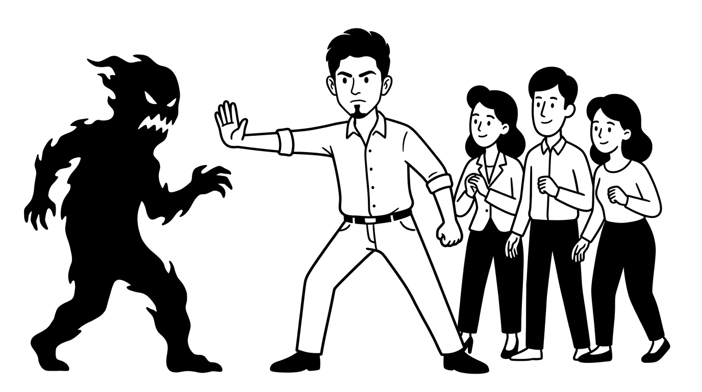 founder shielding his team from a dark toxic figure