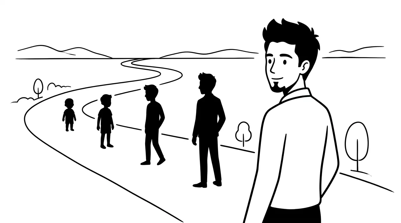 a young man looking back at smaller silhouettes of himself along a winding road