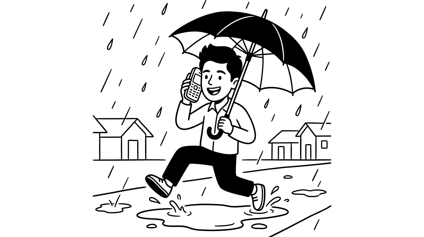 a young man walking in the rain with umbrella and phone, stepping over puddles