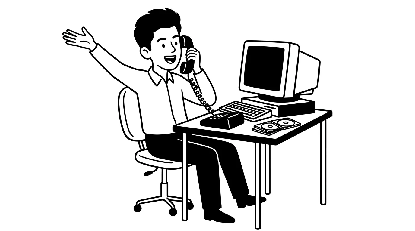 a young man talking on the phone excitedly next to a crt computer with cd cases