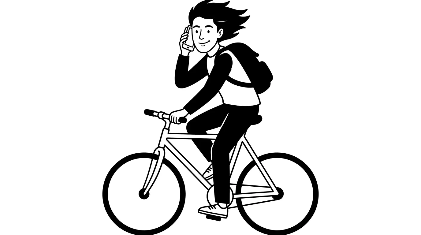 a young man riding a bicycle one-handed, phone to ear, backpack on his back, wind in his hair