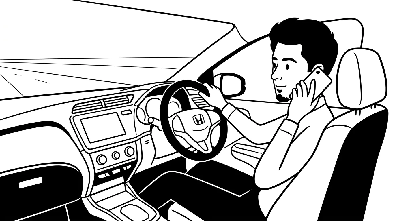 a young man driving a car while talking on the phone, open road ahead