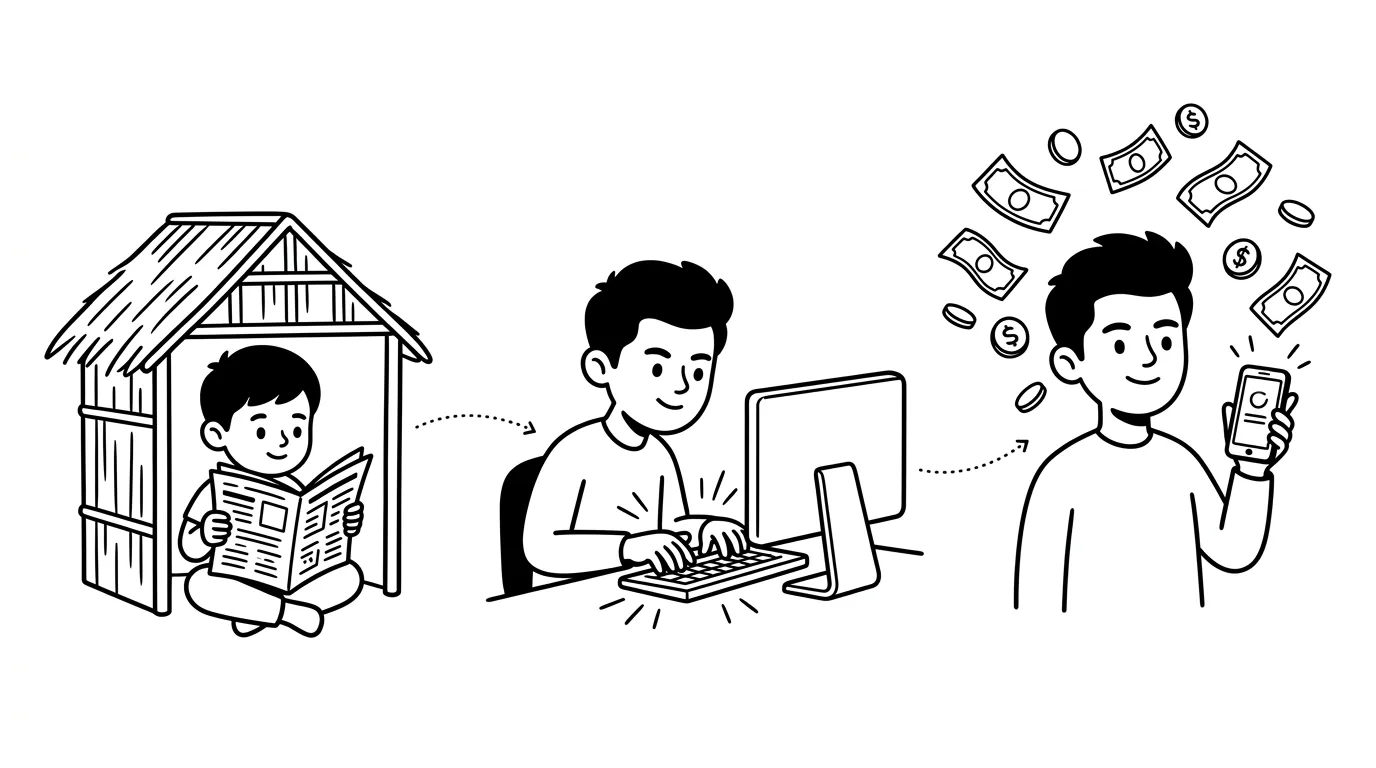 a young man's journey from a tiny hut to a computer desk to first internet money