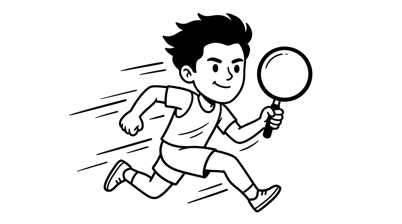 young man running forward with a magnifying glass, motion lines showing unstoppable momentum