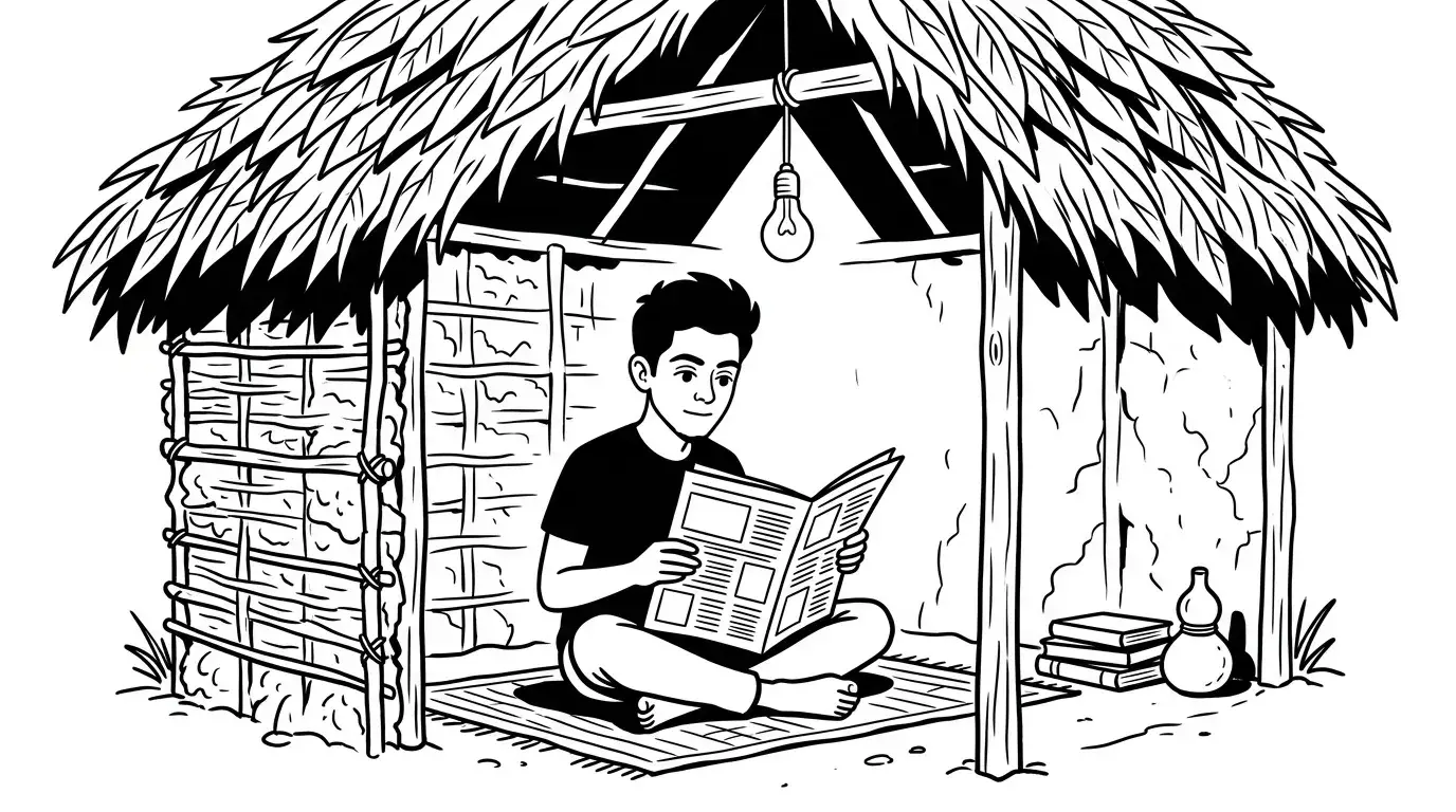 figure reading newspaper inside a tiny hut with a leaf roof