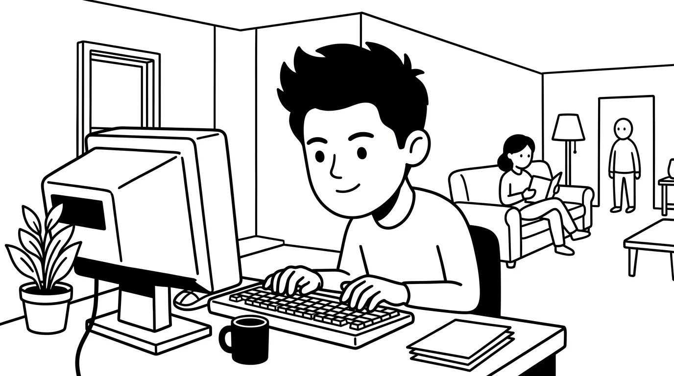 figure typing intensely on an old computer in a hall while others go about their day