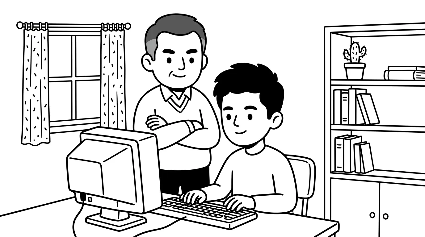 young man at a desktop computer with an older uncle standing nearby with arms crossed