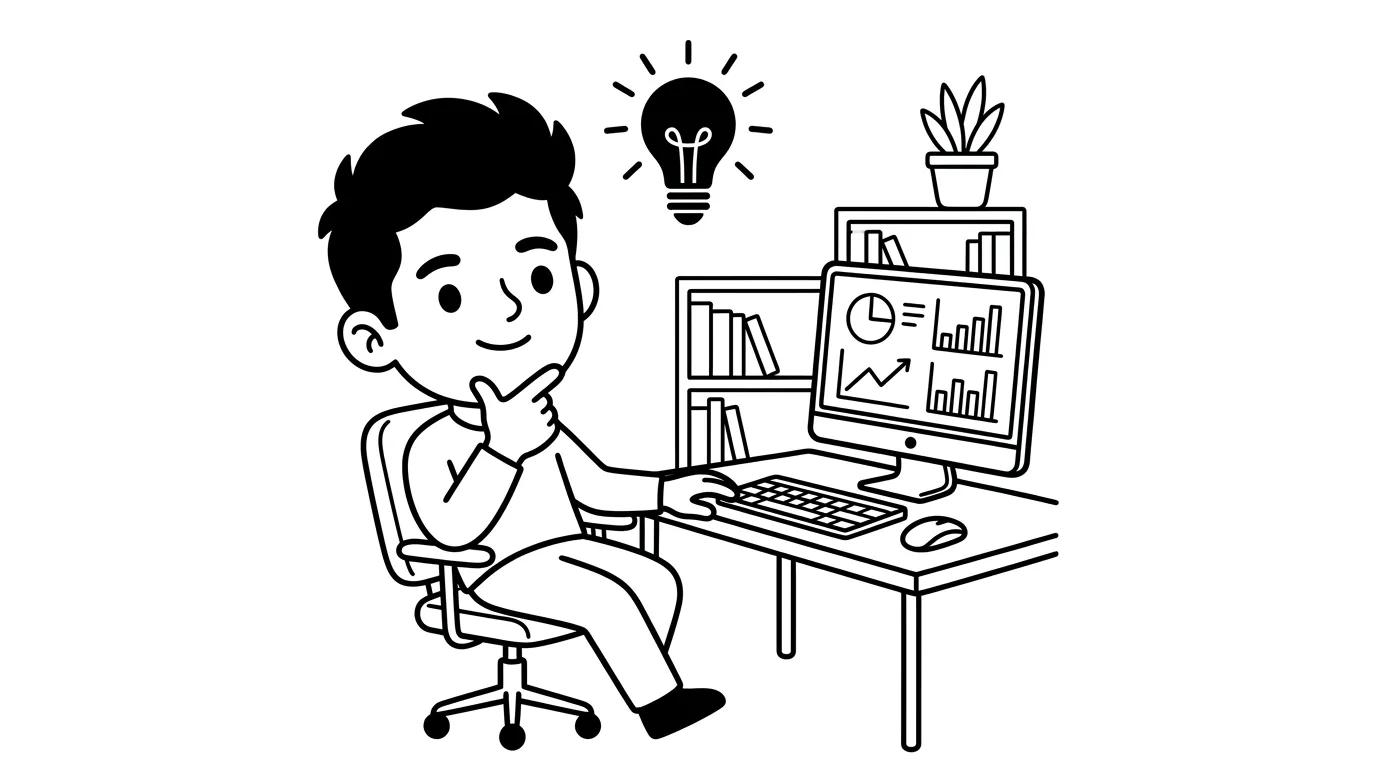 young man leaning back thoughtfully at a computer with a lightbulb moment above his head