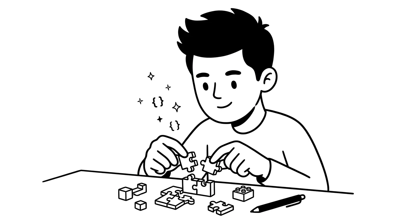 young man at a desk crafting small puzzle pieces and code blocks floating around him