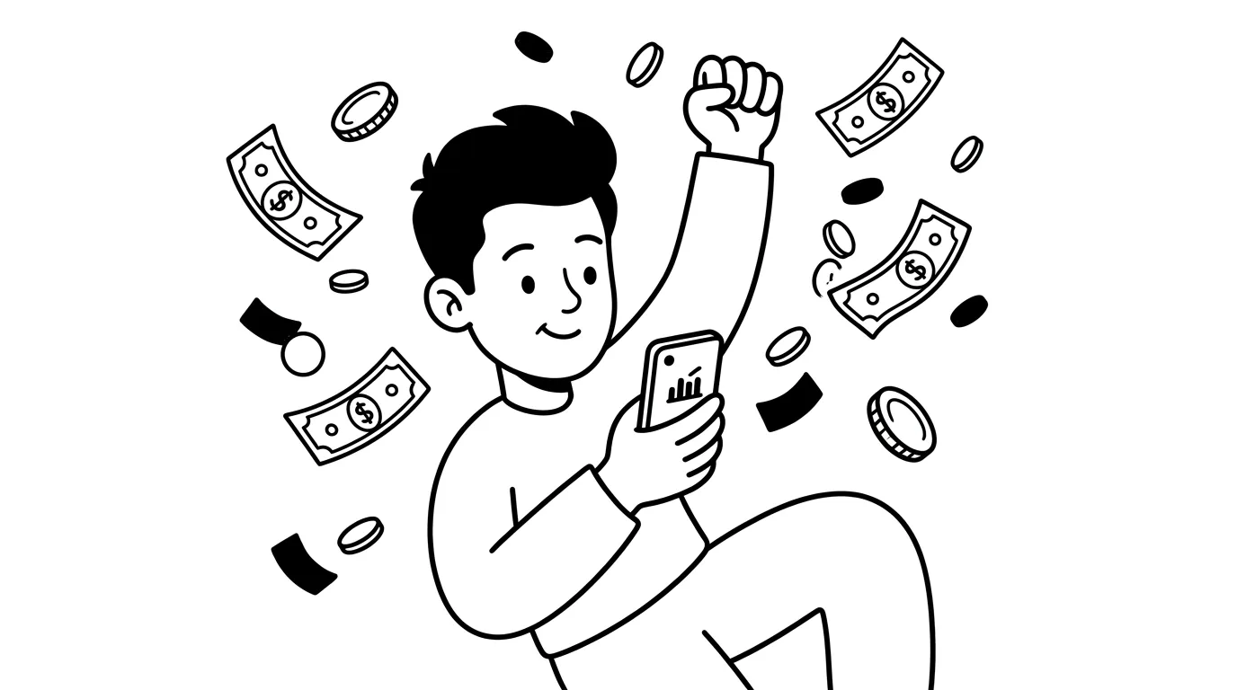 young man leaning back with phone in hand as money floats around in excitement
